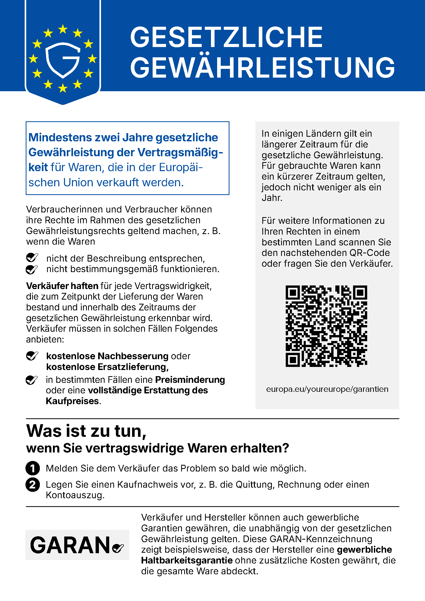 EU-Hinweis zur gesetzlichen Gewährleistung mit QR-Code
